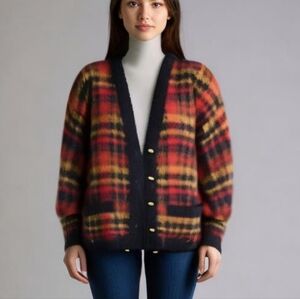 Plaid Button-Front Cardigan Sweater in Red and Black